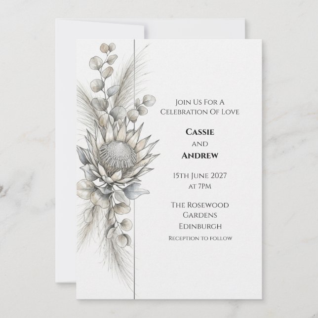 Convite de Casamento Monocromático Protea Eucalypt (Frente)