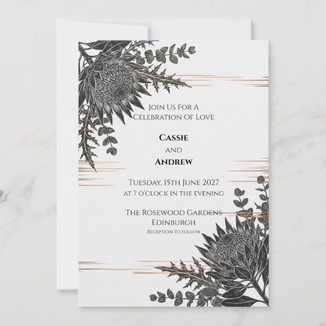 Convite de Casamento Monocromático Protea Thistle (Frente)