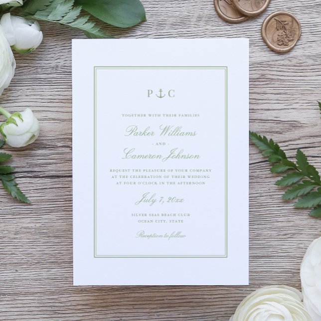 Convite de Casamento Monograma Âncora Verde Sage N (Nautical Anchor Monogram Wedding Invitation in elegant Sage Green by Coastal Map Designs)
