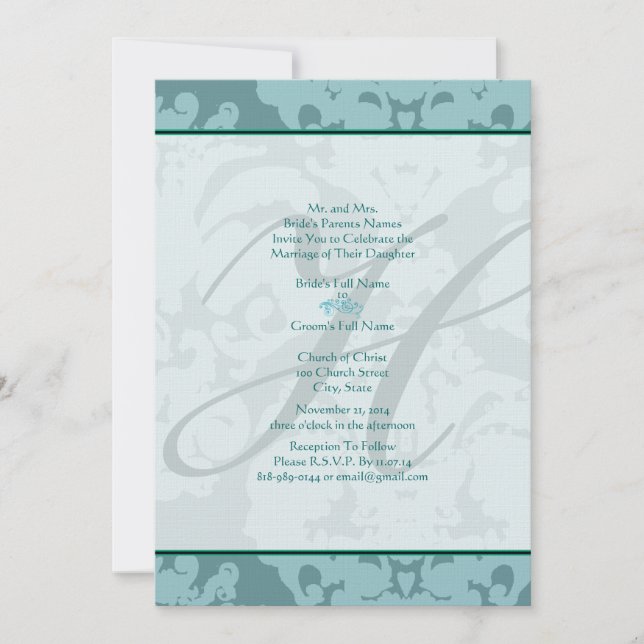 Convite de Casamento Monograma Azul Água Damask (Frente)