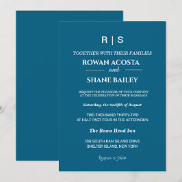 Convite de Casamento Monograma Azul Clássico Elega