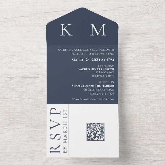 Convite de casamento-Monograma Azul e Branco- (Interno)
