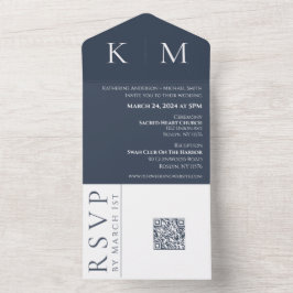 Convite de casamento-Monograma Azul e Branco-