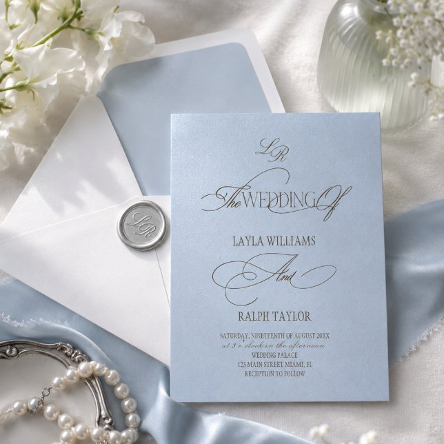 Convite de Casamento Monograma Azul Empoeirado (Criador carregado)