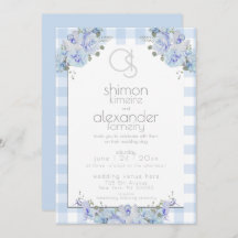 Convite De Casamento | Monograma Azul Gingham Flor