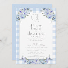Convite De Casamento | Monograma Azul Gingham Flor