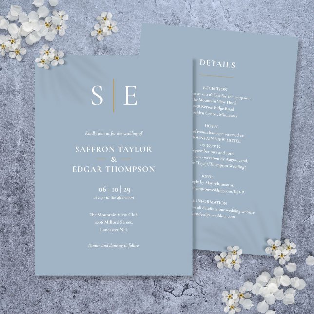 Convite de Casamento Monograma Azul Poeira Tudo em (Monogram Dusty Blue All In One Wedding Invitation)