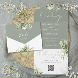 Convite de Casamento Monograma Código QR Folhagem
