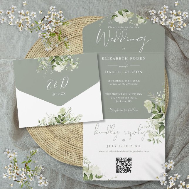 Convite de Casamento Monograma Código QR Folhagem  (Sage Green Foliage QR Code Monogram Wedding All In One Invitation)
