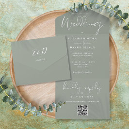 Convite de Casamento Monograma Código QR Verde Sag