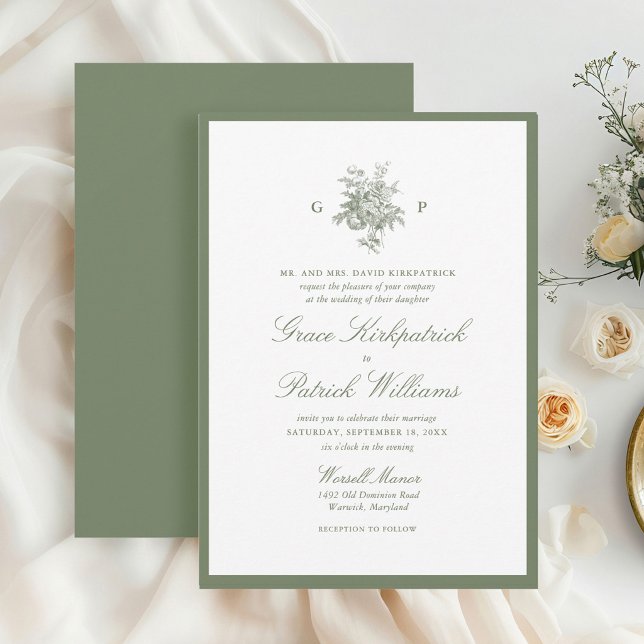 Convite de Casamento Monograma com Borda Verde Sag (Criador carregado)