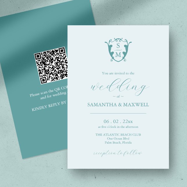 Convite de Casamento Monograma com Código QR (QR code wedding invitation blue minimalistic custom monogram crest )
