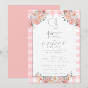 Convite de casamento  Monograma Coral Gingham Flor