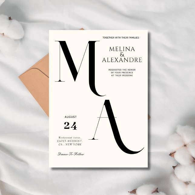 Convite de casamento monograma creme minimalista  (Criador carregado)