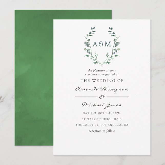 Convite de Casamento Monograma Crista Verde Água L (Frente/Verso)