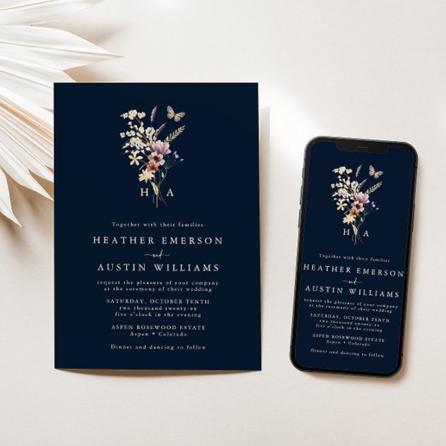 Convite De Casamento Monograma De marinho Azul (Navy Blue Boho Floral Monogrammed Wedding Invitation by Painted Paperie
)