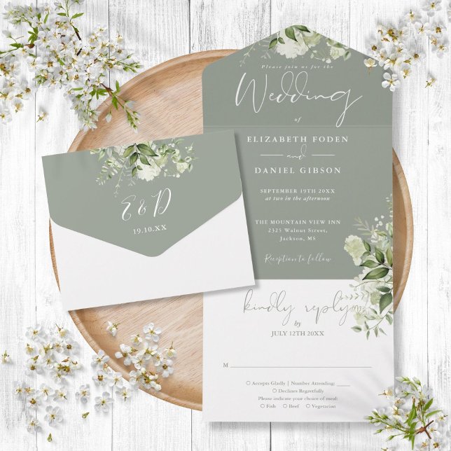Convite de Casamento Monograma de Verde Salvia Bot (Sage Green Botanical Greenery Monogram Wedding All In One Invitation)
