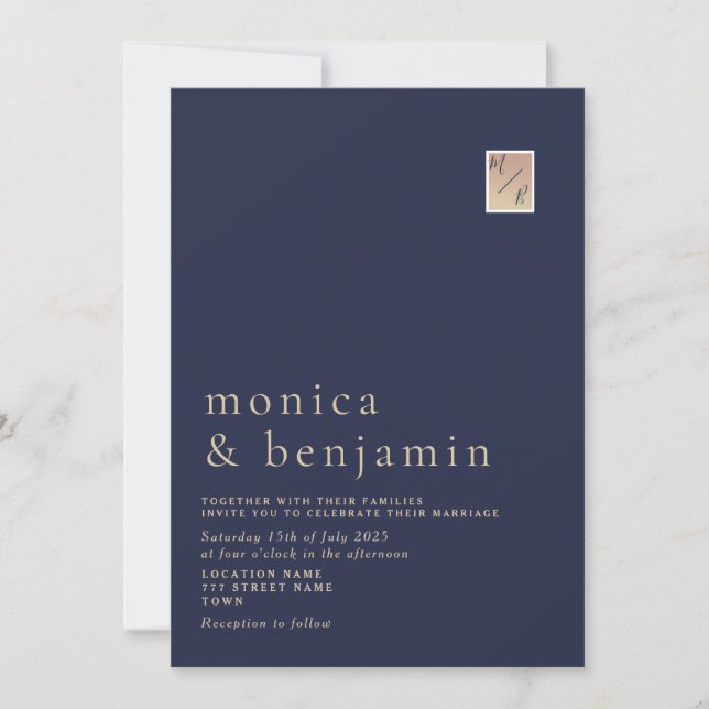 Convite de Casamento Monograma Dourado Azul Naval  (Frente)