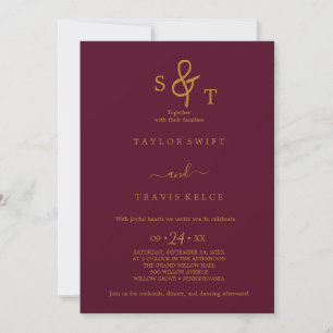 Convite de Casamento Monograma Dourado e Burgundy