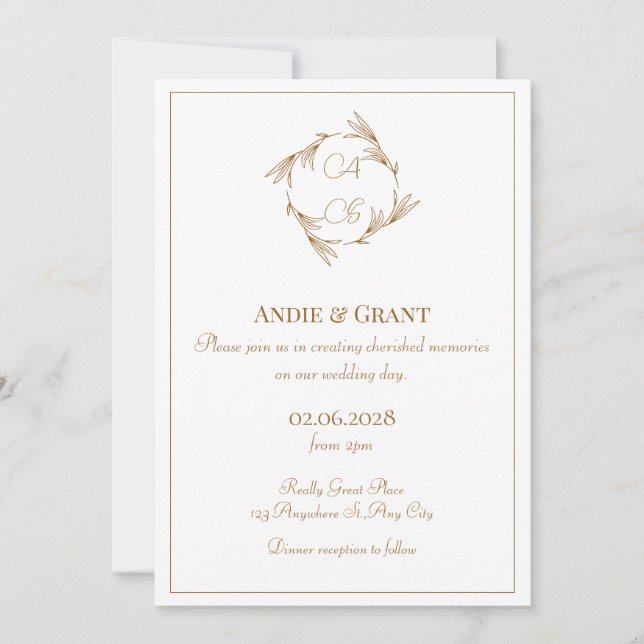 Convite de Casamento Monograma Dourado Minimalista (Frente)