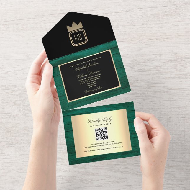 Convite de Casamento Monograma Dourado Preto Verde (Aba destacável)