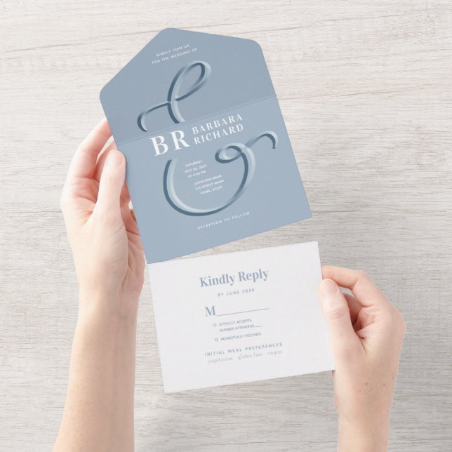 Convite de Casamento Monograma Dusty Blue Tudo Em  (Aba destacável)