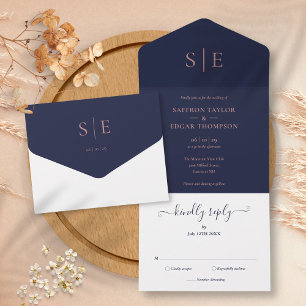Convite de Casamento Monograma Elegante Azul Marin