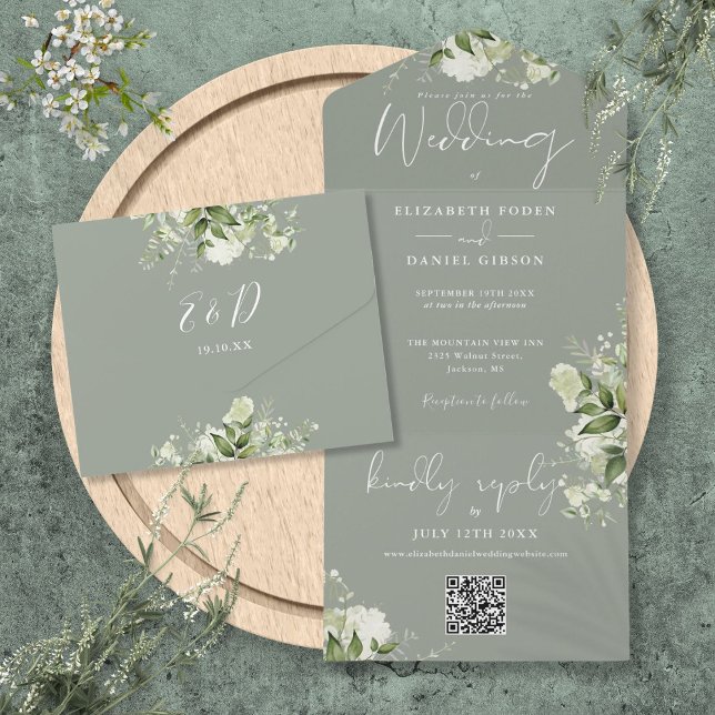Convite de Casamento Monograma Floral com Código Q (Sage Green Foliage Floral QR Code Monogram Wedding All In One Invitation)