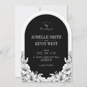 Convite de Casamento Monograma Floral Preto Branco