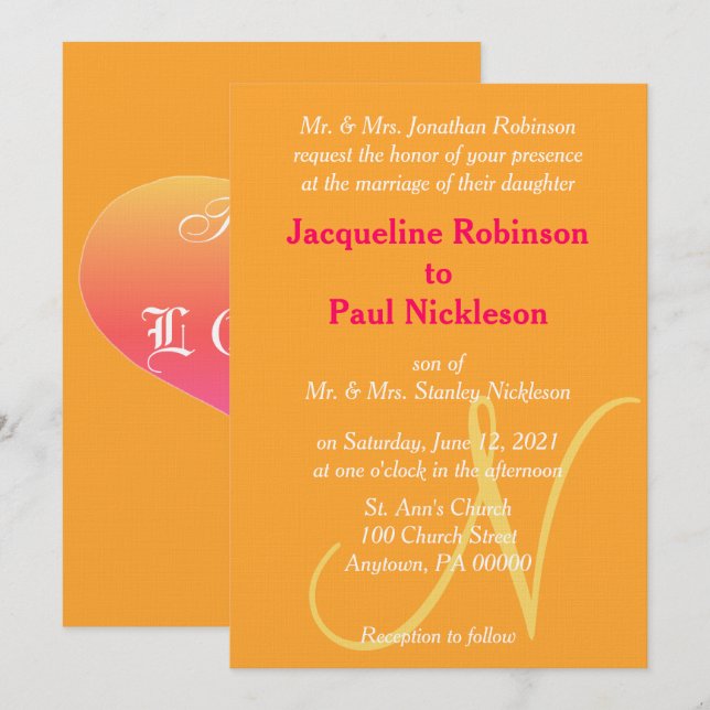 Convite de Casamento Monograma Laranja Framboesa (Frente/Verso)
