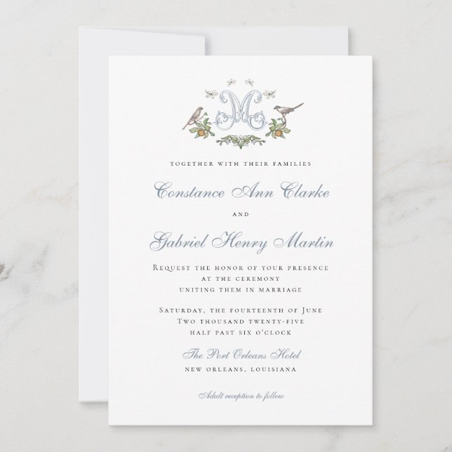 Convite de Casamento Monograma "M" Love Birds (Frente)
