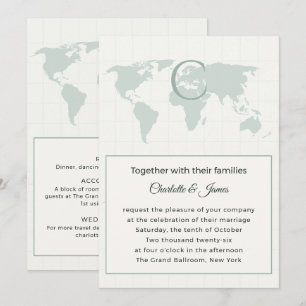 Convite de Casamento Monograma Mapa Mundial Verde