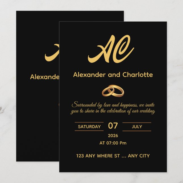 Convite de Casamento Monograma Ouro Preto (Frente/Verso)