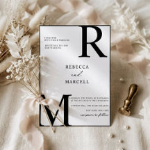 Convite de Casamento Monograma Preto Branco Modern