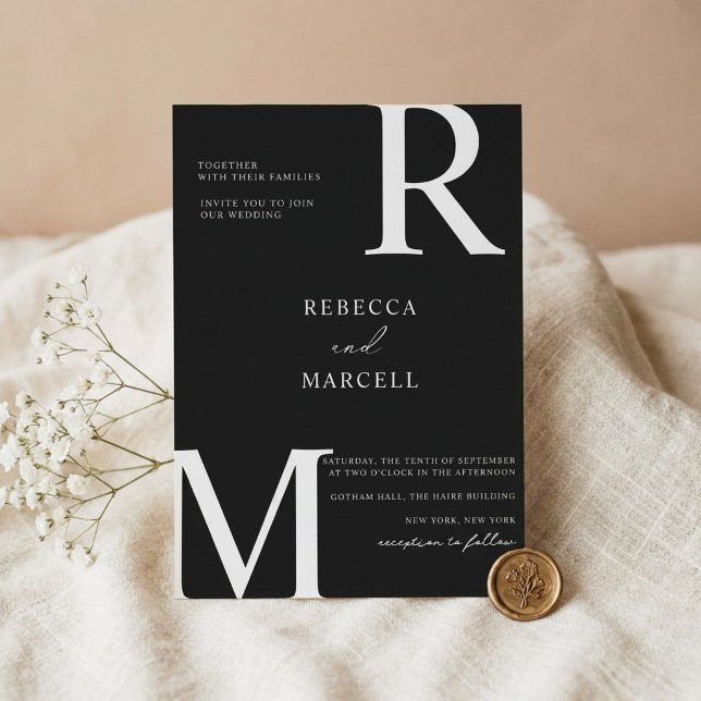 Convite de Casamento Monograma Preto e Branco Mode (Criador carregado)