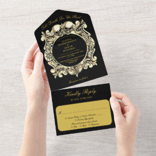 Convite de Casamento Monograma Preto e Dourado Til