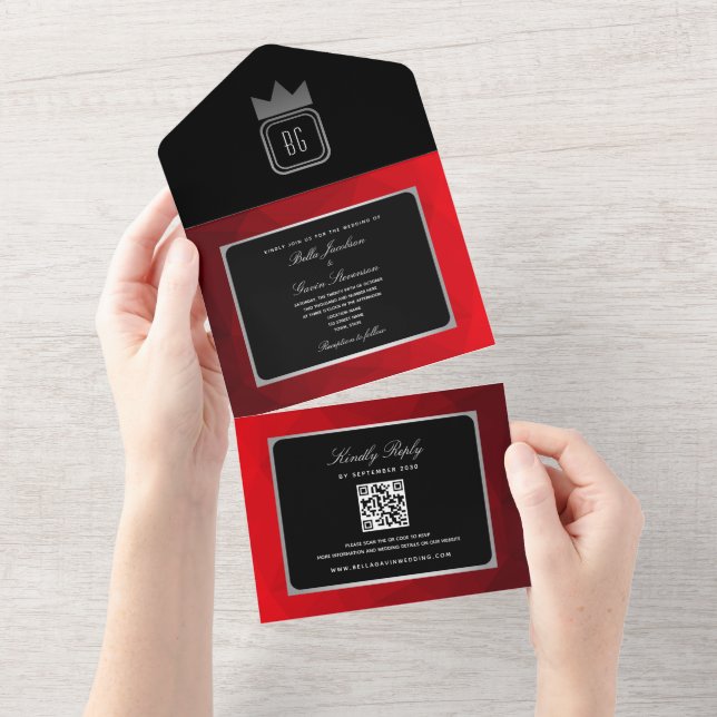 Convite de Casamento Monograma Preto Vermelho Prat (Aba destacável)