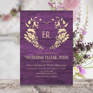 Convite de Casamento Monograma Roxo de Madeira Rús