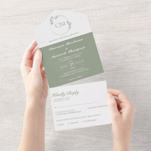 Convite de Casamento Monograma Verde Sage Clássico