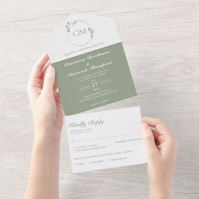 Convite de Casamento Monograma Verde Sage Clássico (Aba destacável)