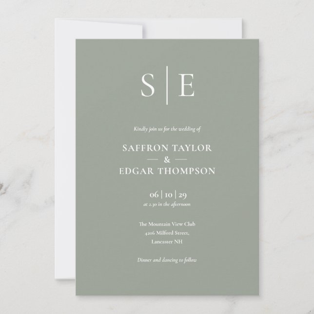 Convite de Casamento Monograma Verde Sage Tudo em  (Frente)