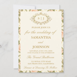 Convite de Casamento Monograma Vintage Marfim
