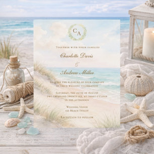 Convite de casamento monogramado na praia costeira