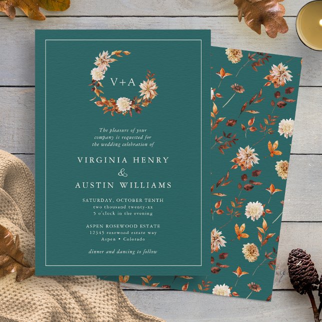 Convite de Casamento Monogramado Turquesa (Teal Fall Floral Wreath Monogrammed Wedding Invitation by Painted Paperie
)