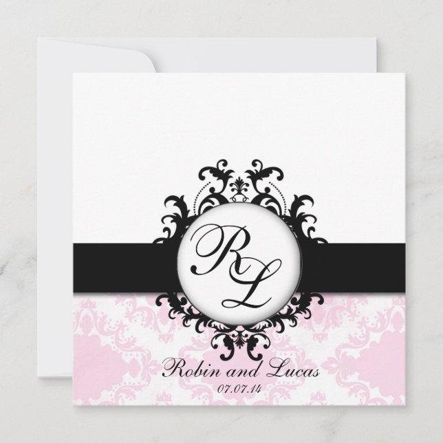 Convite de casamento Monogramas Branco - Damasco R (Frente)