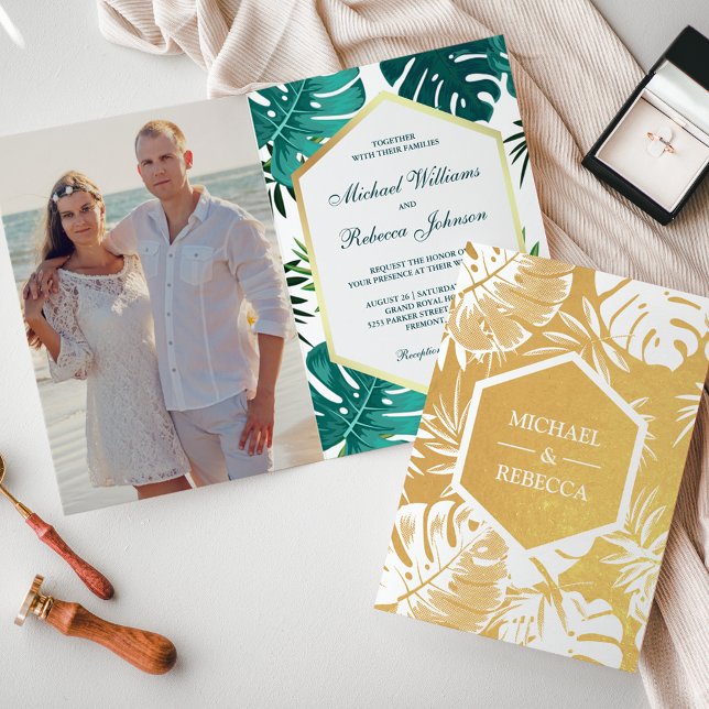 Convite de Casamento Monstera Branco com Folha Dou (Criador carregado)