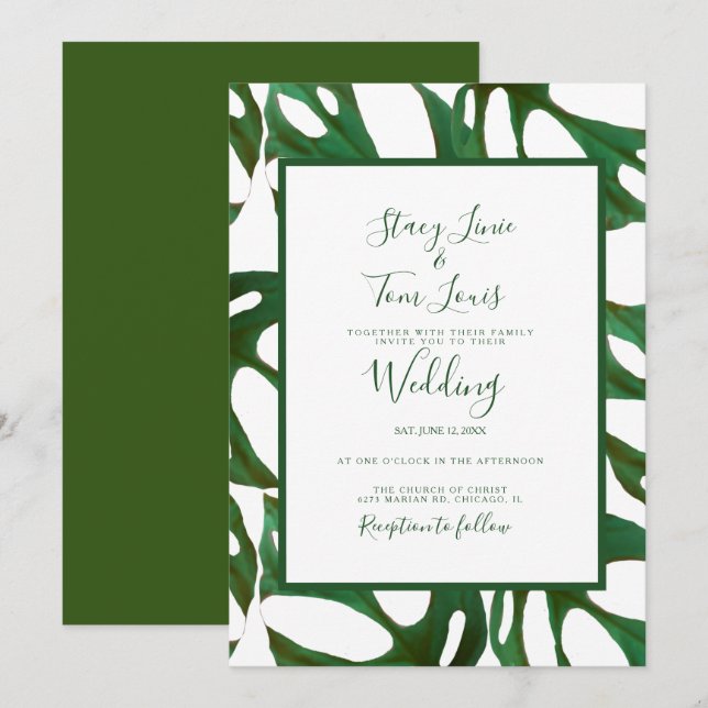Convite de Casamento Monstera Folha Botânica Verde (Frente/Verso)