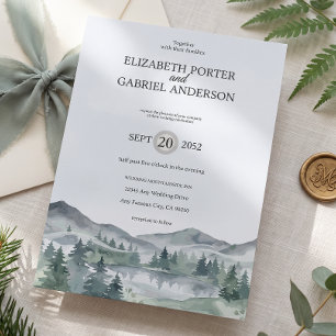 Convite de Casamento Montanha Árvore Verde Água-fo