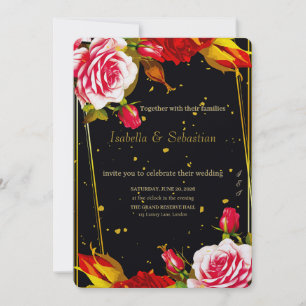 Convite de Casamento Moody Preto Floral e Dourado