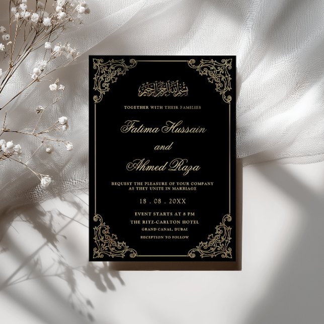Convite de Casamento Muçulmano Preto Caligrafia Mo (Criador carregado)